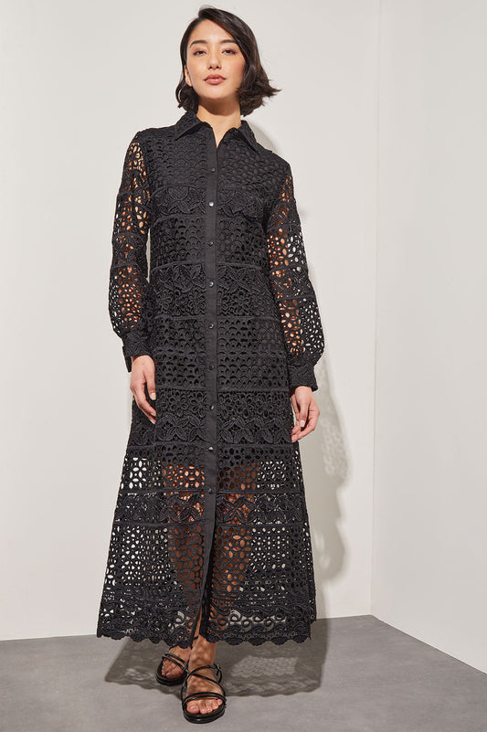 Lace Button Front Maxi Dress - Shirt Collar Woven | Ming Wang