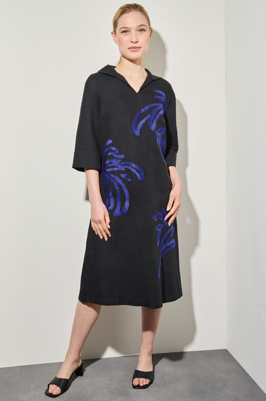 Embroidered Twill Midi Shift Dress | Ming Wang