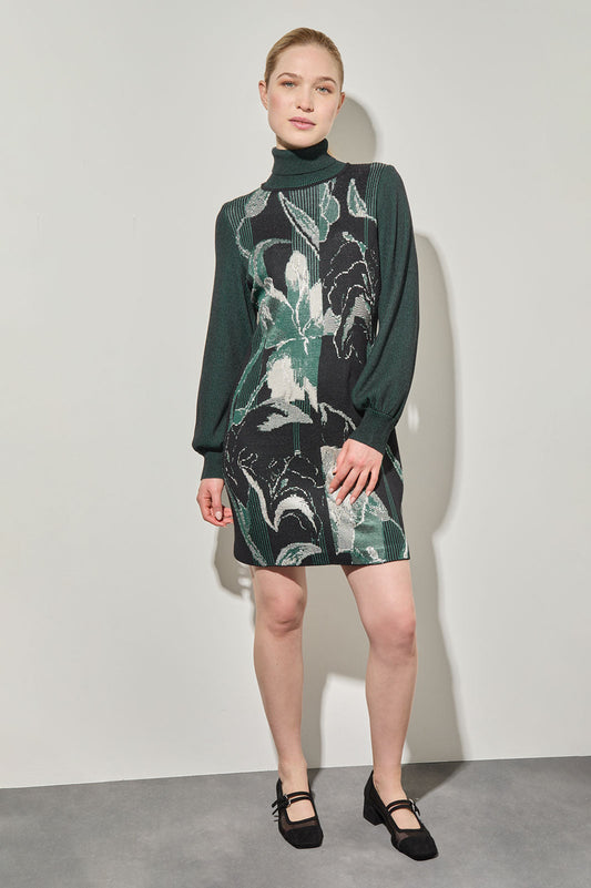 Botanical Jacquard Knit Mini Sheath Dress, Black/Forest Veridian/Limestone | Ming Wang
