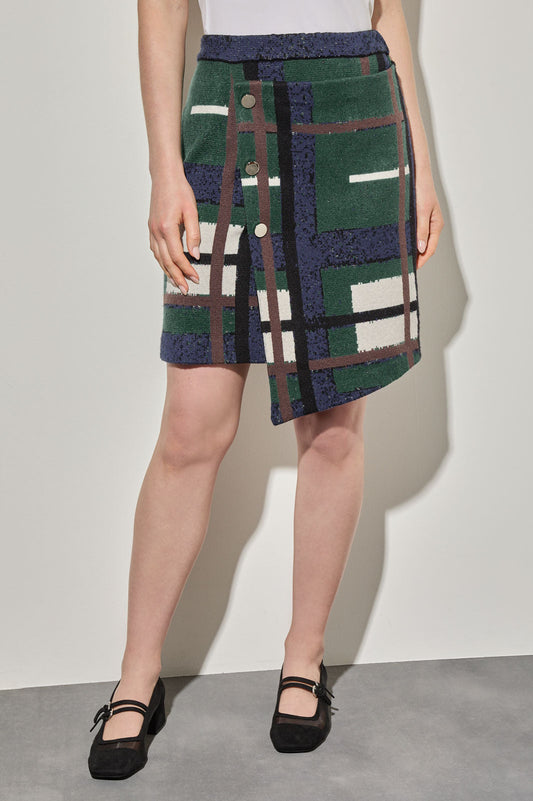 Cozy Knit Asymmetrical Above-the-Knee Skirt, Forest Veridian/Regatta/Limestone/Dark Umber/Black | Ming Wang