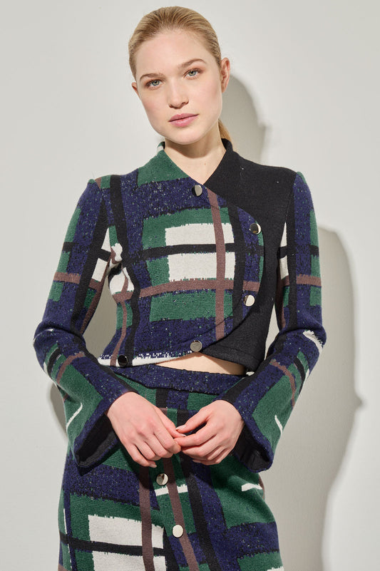 Cozy Knit Asymmetrical Crop Top, Forest Veridian/Regatta/Limestone/Dark Umber/Black | Ming Wang