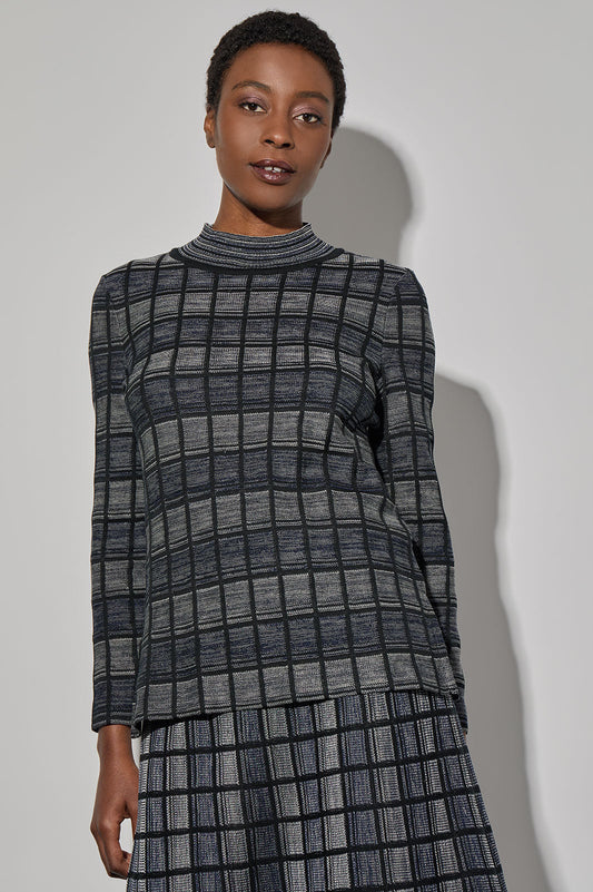 Mock Neck Melange Knit Tunic, Regatta/Limestone/Black | Ming Wang
